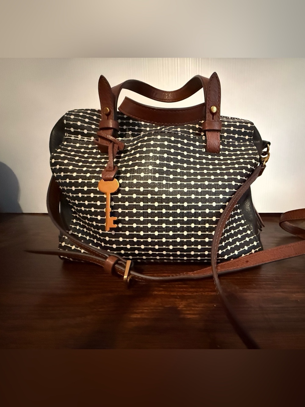 Fossil Black & White Patterned Crossbody with Brown Leather Trim